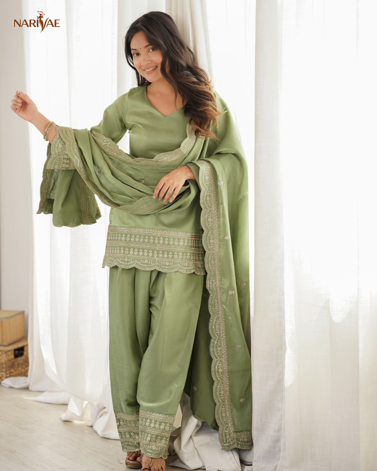 Glass Roman Silk Embroidered Kurta Set with Farshi Shalwar & Dupatta | Sequence, Dori & Zari Work | Ready to Wear Ethnic Outfit