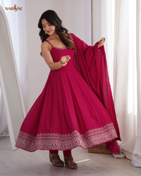 Romansilk Chanderi Sleeveless Anarkali Suit Set with Pant & Dupatta | Embroidered Flared Ethnic Wear | Ready to Wear