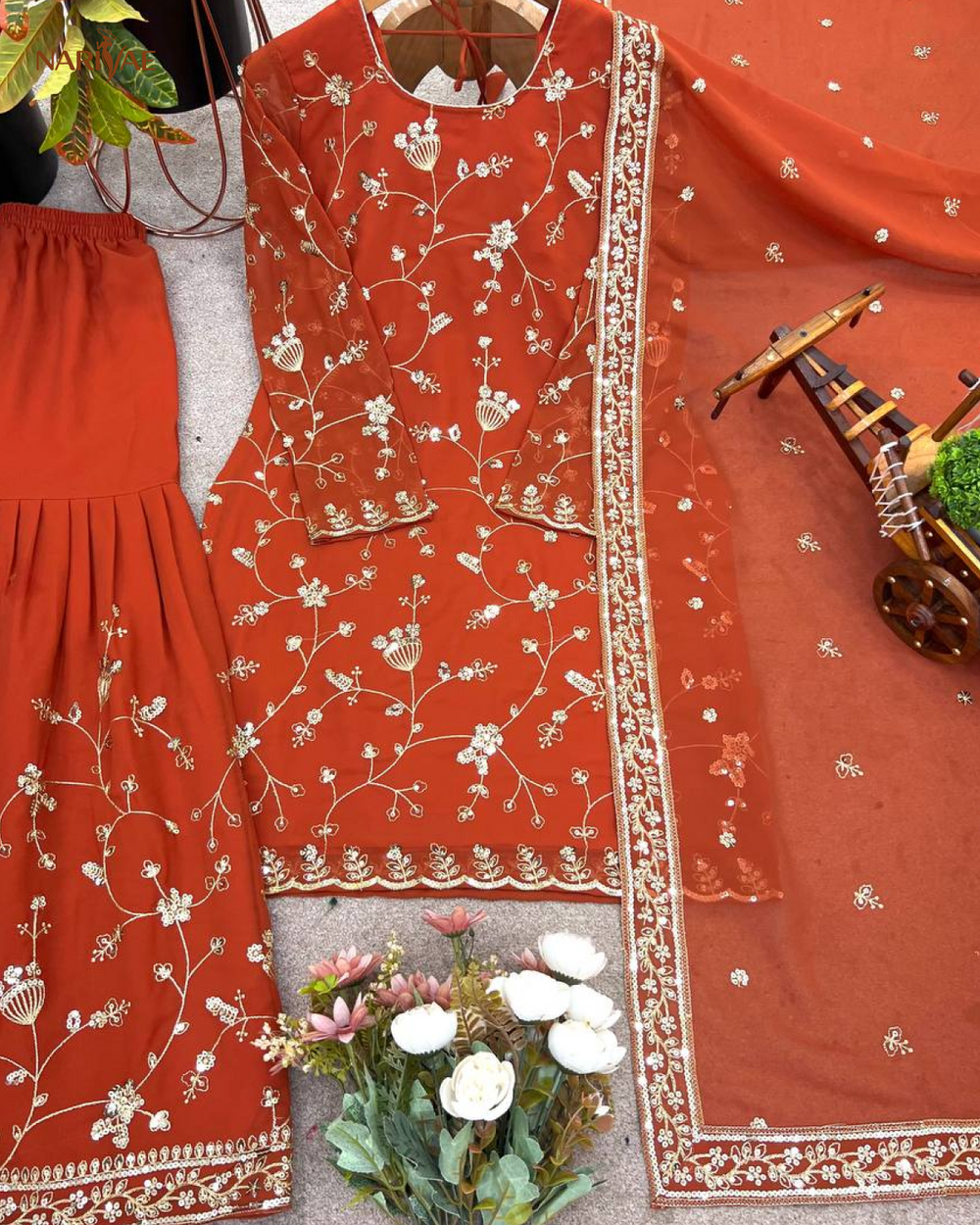 Designer Faux Georgette Sharara Set | Embroidered Sequence Work Top with Flared Palazzo & Dupatta | Ready to Wear Party Wear Ethnic Set