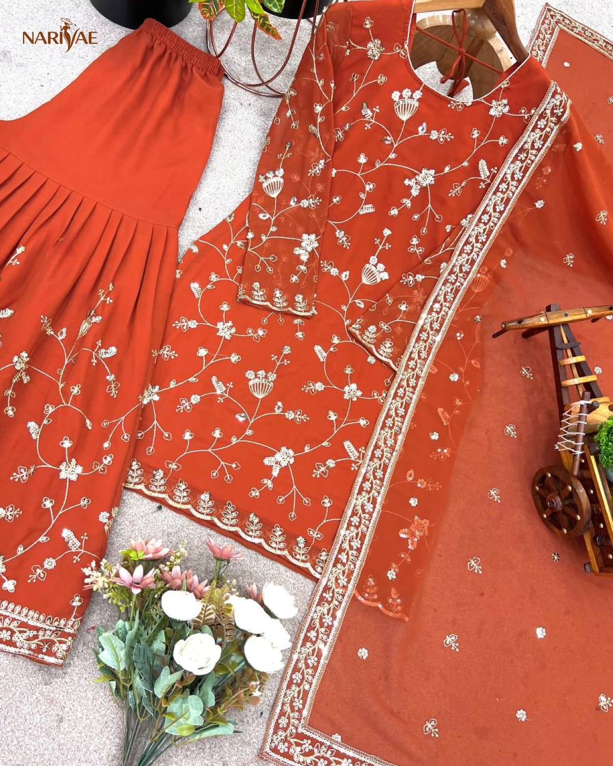 Designer Faux Georgette Sharara Set | Embroidered Sequence Work Top with Flared Palazzo & Dupatta | Ready to Wear Party Wear Ethnic Set