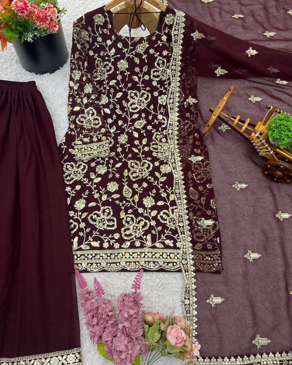 Designer Faux Georgette Sharara Palazzo Set | Embroidered Party Wear Top with Dupatta | Fully Stitched Ready to Wear Ethnic Outfit