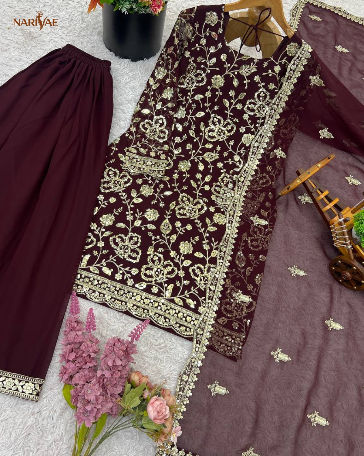 Designer Faux Georgette Sharara Palazzo Set | Embroidered Party Wear Top with Dupatta | Fully Stitched Ready to Wear Ethnic Outfit