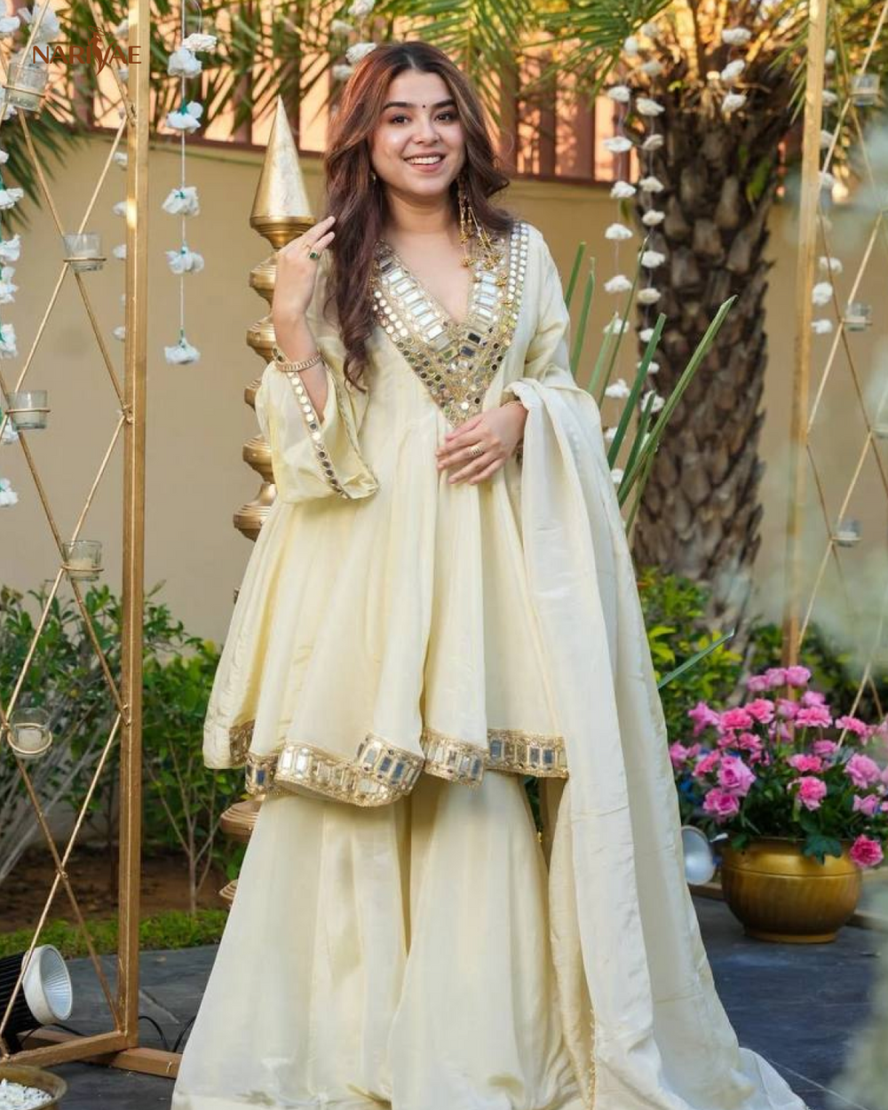 Cosmos Gold Jari Silk Sharara Set | Mirror Work Ethnic Top with Full Flair Palazzo & Dupatta | Ready to Wear Party Wear Outfit