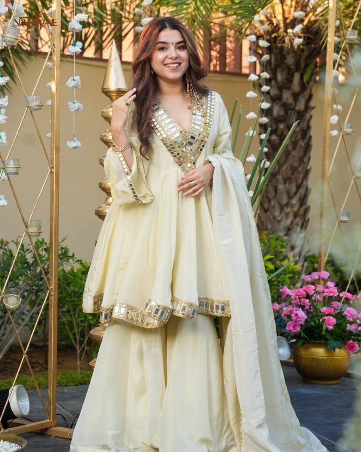 Cosmos Gold Jari Silk Sharara Set | Mirror Work Ethnic Top with Full Flair Palazzo & Dupatta | Ready to Wear Party Wear Outfit