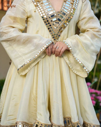 Cosmos Gold Jari Silk Sharara Set | Mirror Work Ethnic Top with Full Flair Palazzo & Dupatta | Ready to Wear Party Wear Outfit