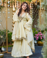 Cosmos Gold Jari Silk Sharara Set | Mirror Work Ethnic Top with Full Flair Palazzo & Dupatta | Ready to Wear Party Wear Outfit