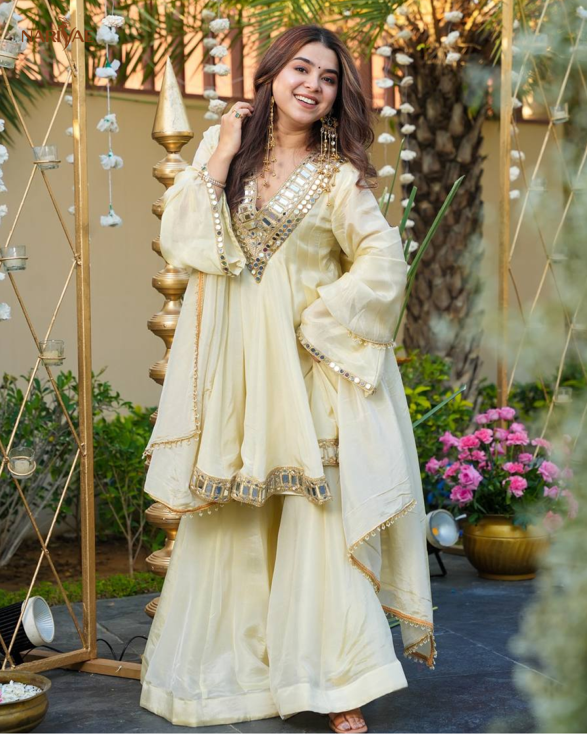 Cosmos Gold Jari Silk Sharara Set | Mirror Work Ethnic Top with Full Flair Palazzo & Dupatta | Ready to Wear Party Wear Outfit