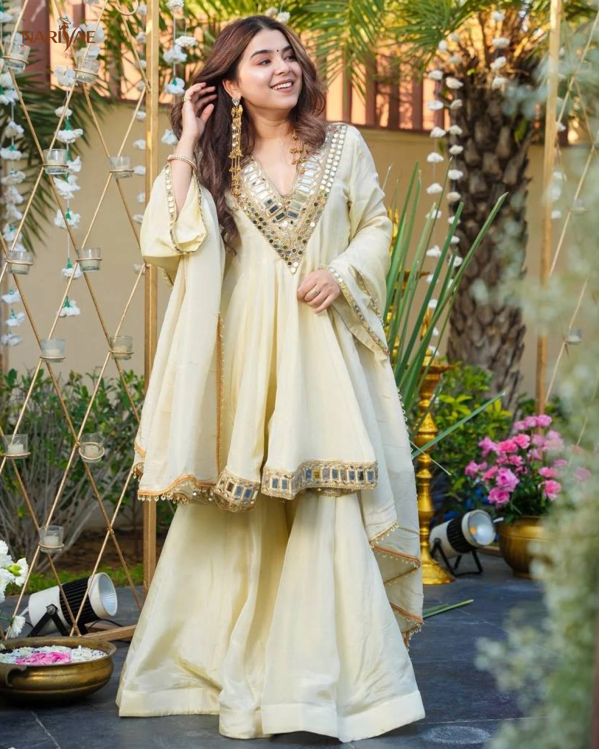 Cosmos Gold Jari Silk Sharara Set | Mirror Work Ethnic Top with Full Flair Palazzo & Dupatta | Ready to Wear Party Wear Outfit