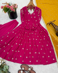 Designer Faux Georgette Embroidered Gown Set | Full Sleeve Anarkali with Pant & Dupatta | Fully Stitched Ready to Wear Ethnic Wear