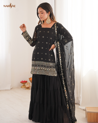 Heavy Georgette Ruffle Sharara Set | Embroidered Sequence Work Top with Dupatta | Fully Stitched Ready to Wear Party Wear Outfit