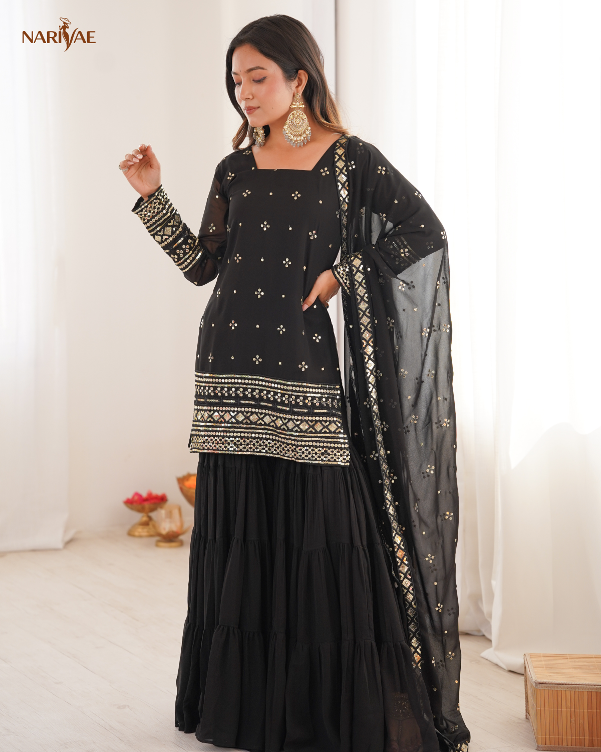 Heavy Georgette Ruffle Sharara Set | Embroidered Sequence Work Top with Dupatta | Fully Stitched Ready to Wear Party Wear Outfit