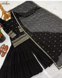 Heavy Georgette Ruffle Sharara Set | Embroidered Sequence Work Top with Dupatta | Fully Stitched Ready to Wear Party Wear Outfit