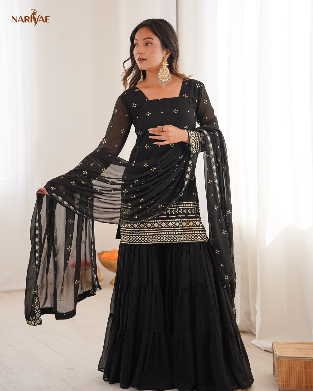 Heavy Georgette Ruffle Sharara Set | Embroidered Sequence Work Top with Dupatta | Fully Stitched Ready to Wear Party Wear Outfit