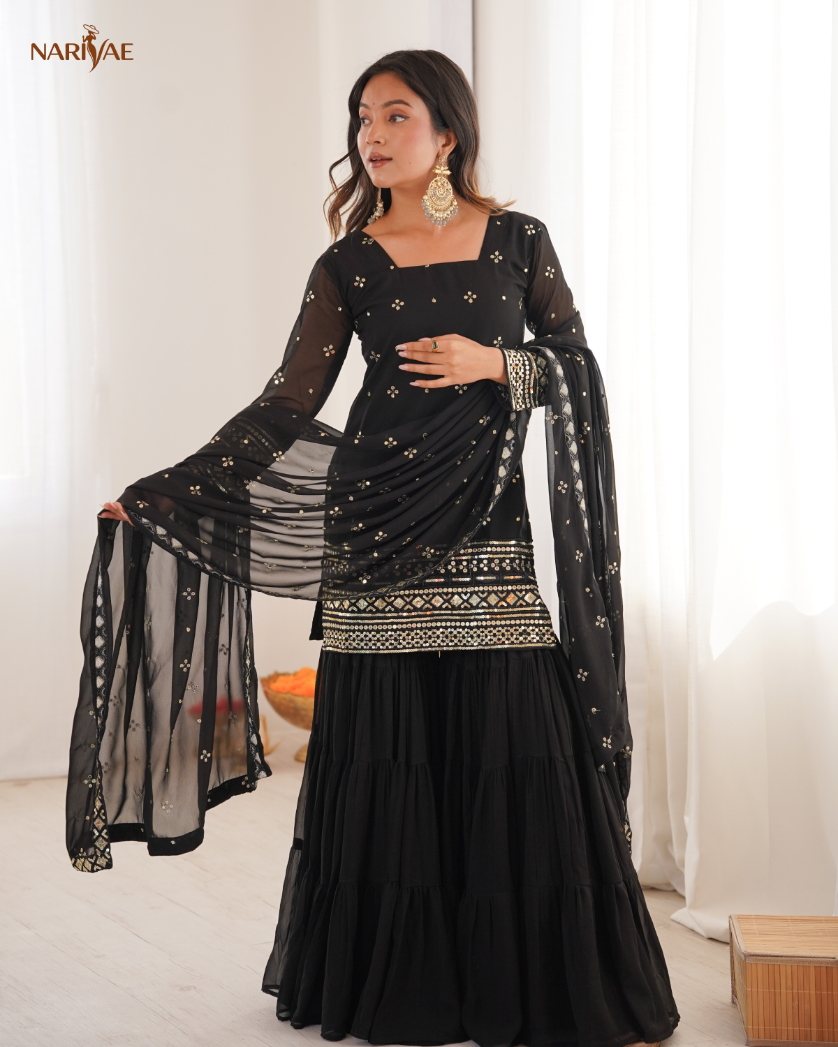 Heavy Georgette Ruffle Sharara Set | Embroidered Sequence Work Top with Dupatta | Fully Stitched Ready to Wear Party Wear Outfit
