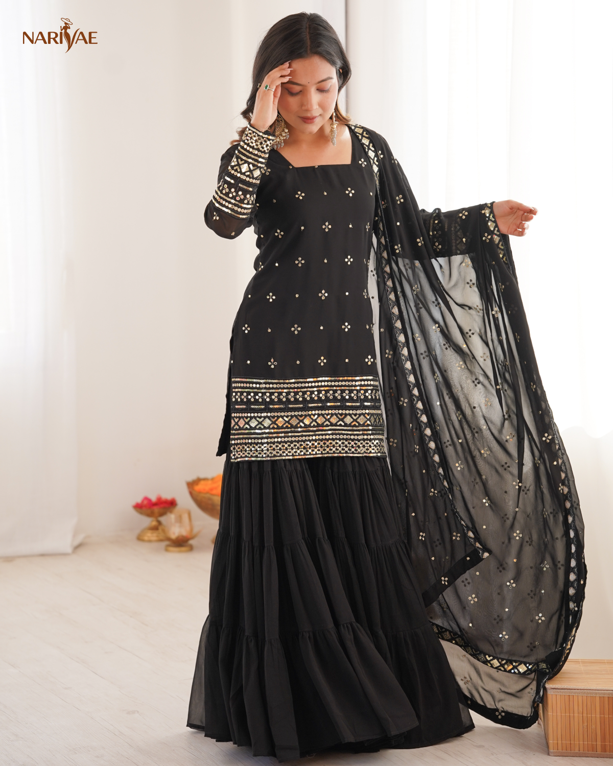 Heavy Georgette Ruffle Sharara Set | Embroidered Sequence Work Top with Dupatta | Fully Stitched Ready to Wear Party Wear Outfit