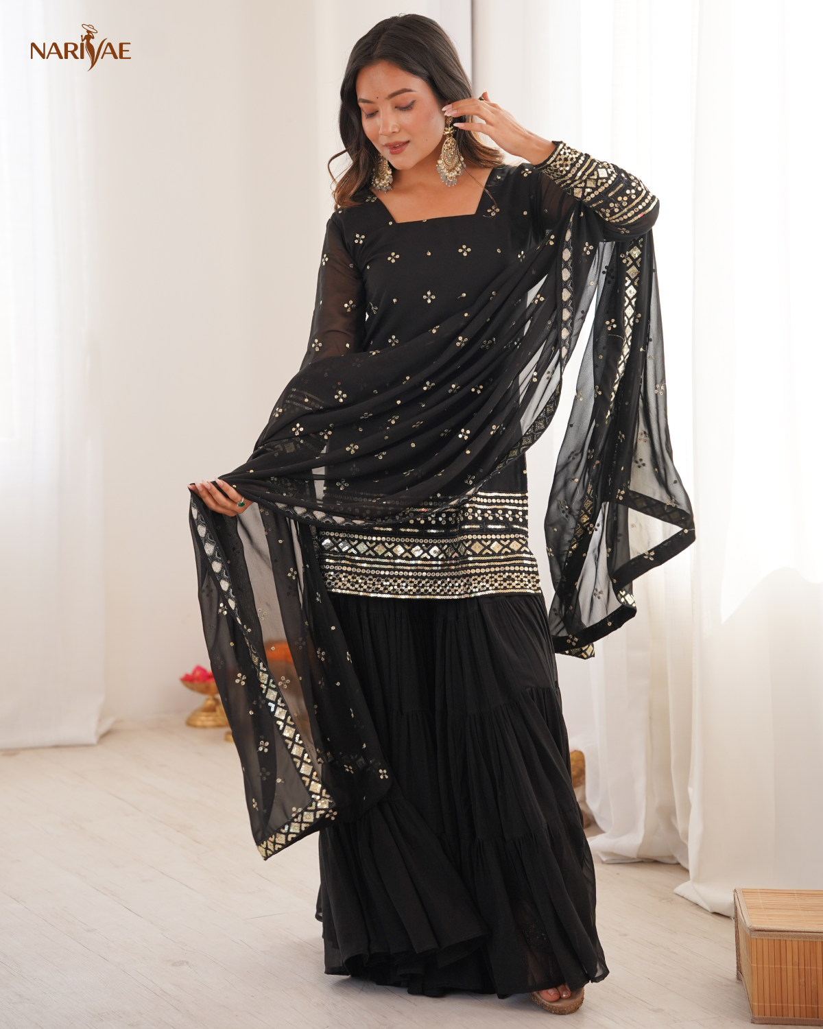 Heavy Georgette Ruffle Sharara Set | Embroidered Sequence Work Top with Dupatta | Fully Stitched Ready to Wear Party Wear Outfit