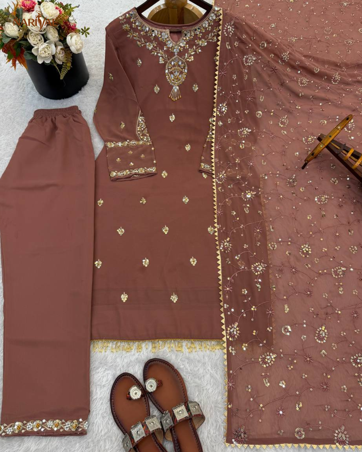 Designer Faux Georgette Embroidered Suit Set | Heavy Sequence & Beads Work Top with Pant & Dupatta | Fully Stitched Ready to Wear Ethnic Wear
