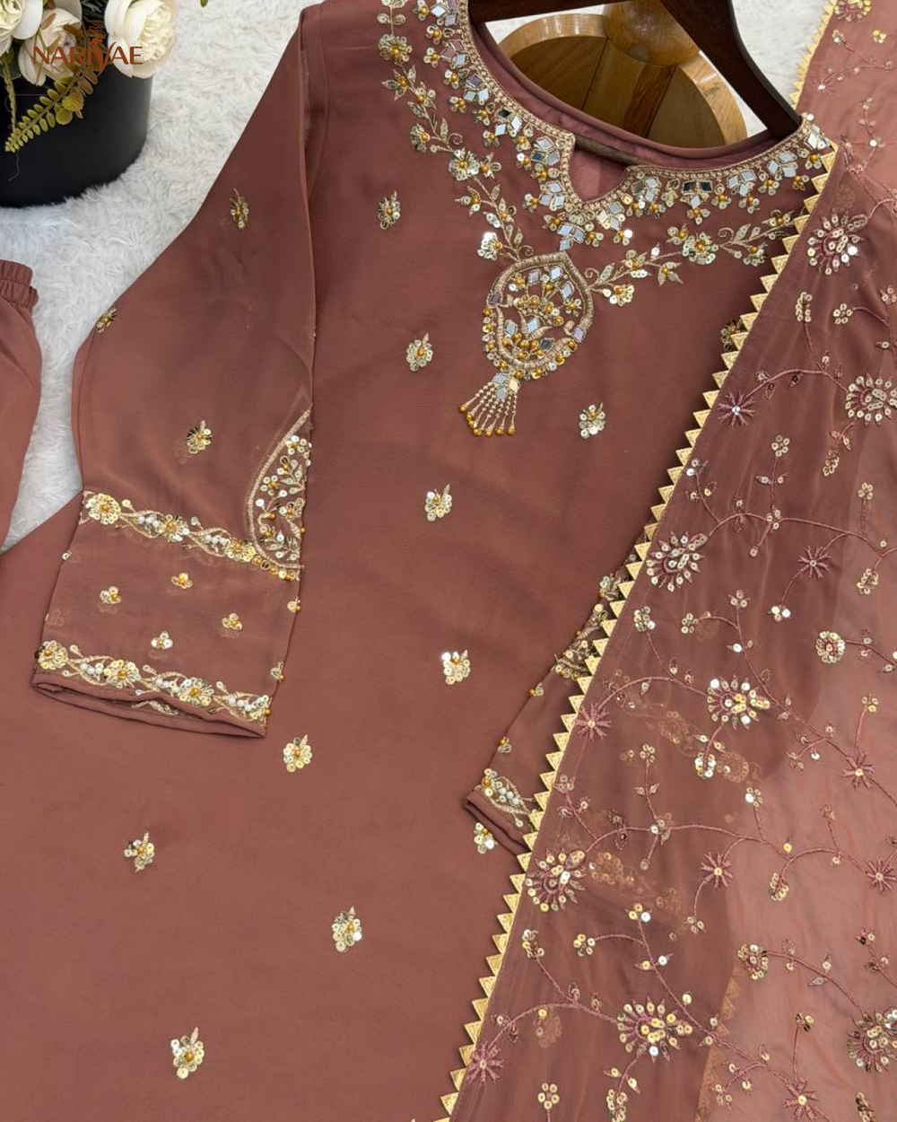 Designer Faux Georgette Embroidered Suit Set | Heavy Sequence & Beads Work Top with Pant & Dupatta | Fully Stitched Ready to Wear Ethnic Wear