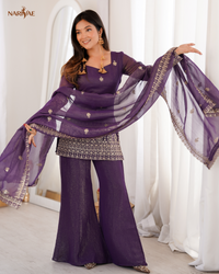 Crunchy Silk Embroidered Kurta Set | Sequence & Jari Work Top with Bell Bottom Pant & Dupatta | Fully Stitched Ready to Wear Ethnic Wear