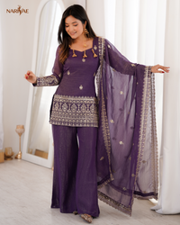 Crunchy Silk Embroidered Kurta Set | Sequence & Jari Work Top with Bell Bottom Pant & Dupatta | Fully Stitched Ready to Wear Ethnic Wear