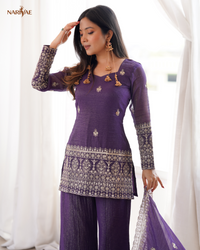 Crunchy Silk Embroidered Kurta Set | Sequence & Jari Work Top with Bell Bottom Pant & Dupatta | Fully Stitched Ready to Wear Ethnic Wear