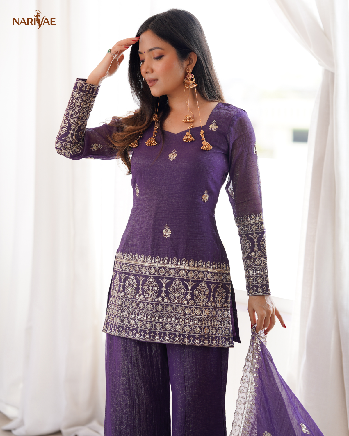 Crunchy Silk Embroidered Kurta Set | Sequence & Jari Work Top with Bell Bottom Pant & Dupatta | Fully Stitched Ready to Wear Ethnic Wear