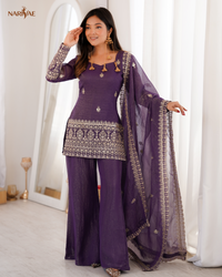 Crunchy Silk Embroidered Kurta Set | Sequence & Jari Work Top with Bell Bottom Pant & Dupatta | Fully Stitched Ready to Wear Ethnic Wear