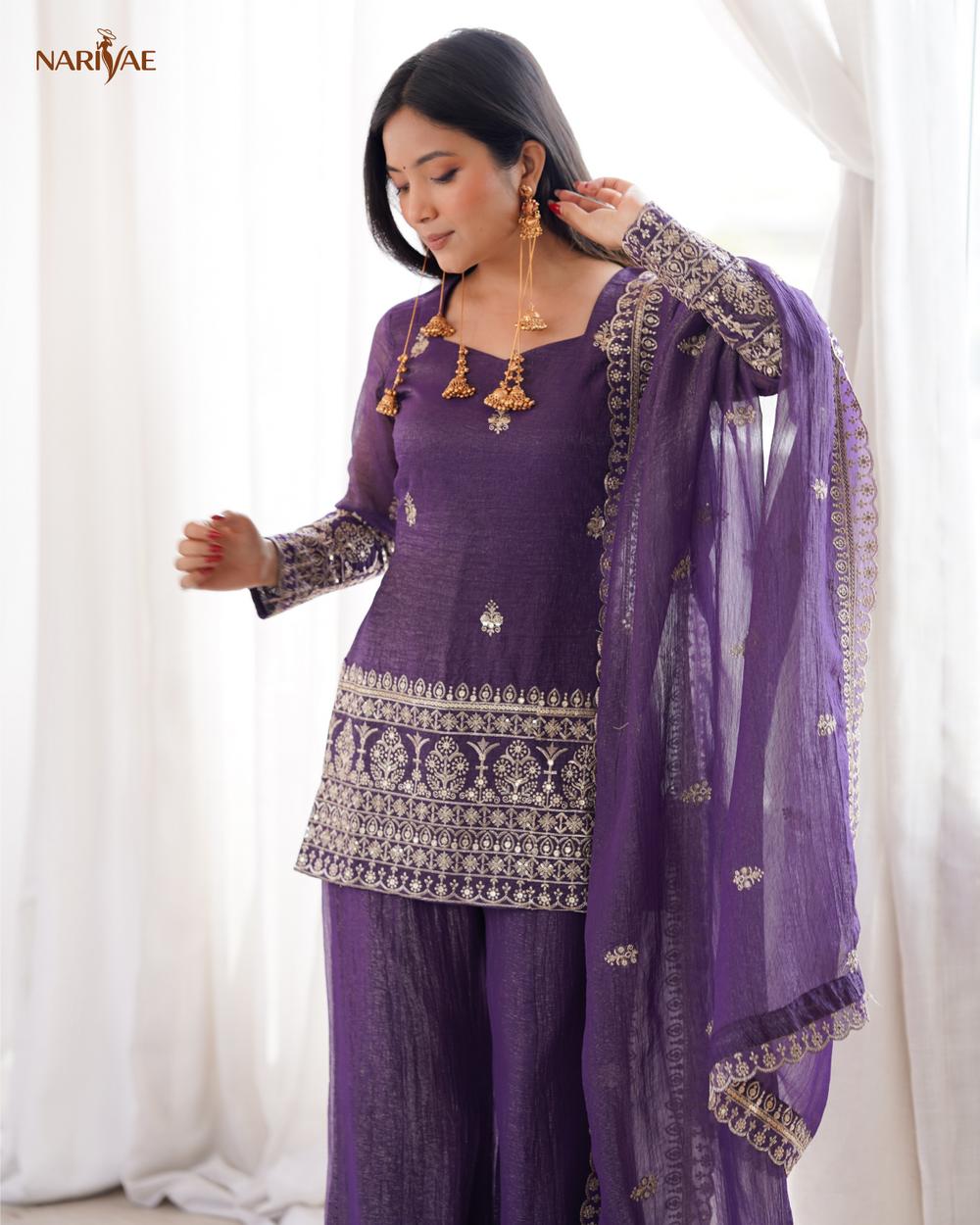 Crunchy Silk Embroidered Kurta Set | Sequence & Jari Work Top with Bell Bottom Pant & Dupatta | Fully Stitched Ready to Wear Ethnic Wear
