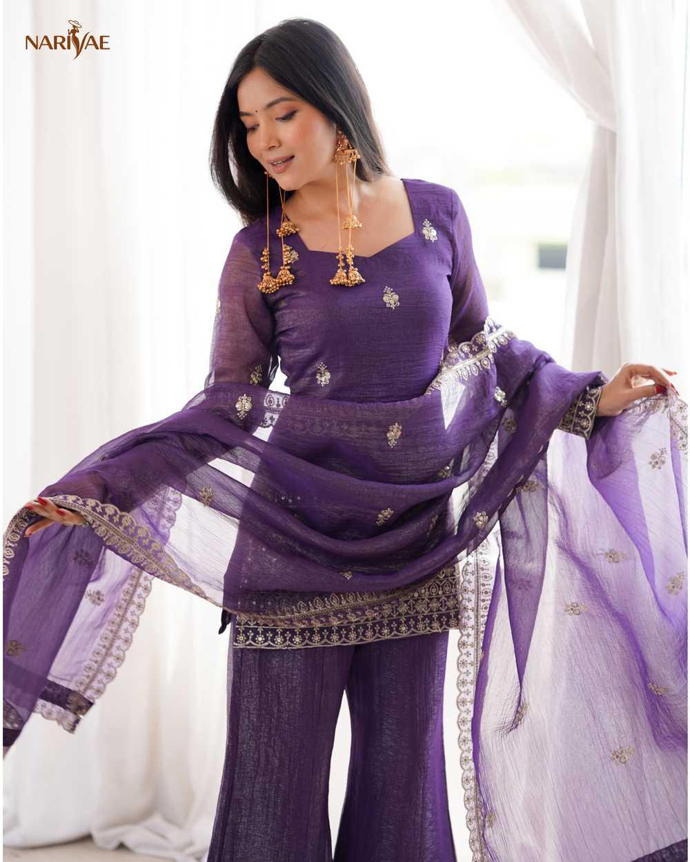 Crunchy Silk Embroidered Kurta Set | Sequence & Jari Work Top with Bell Bottom Pant & Dupatta | Fully Stitched Ready to Wear Ethnic Wear