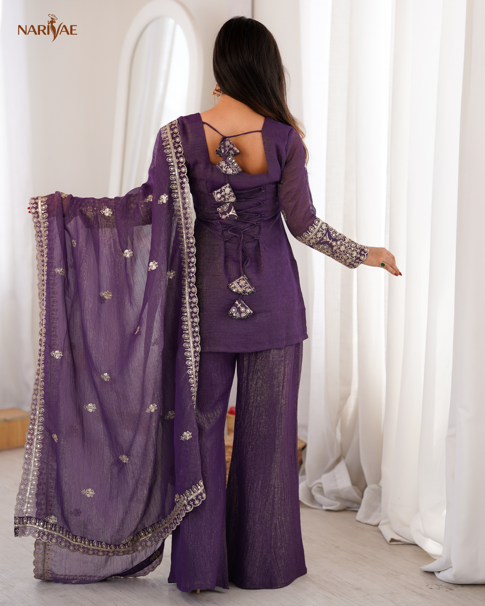 Crunchy Silk Embroidered Kurta Set | Sequence & Jari Work Top with Bell Bottom Pant & Dupatta | Fully Stitched Ready to Wear Ethnic Wear