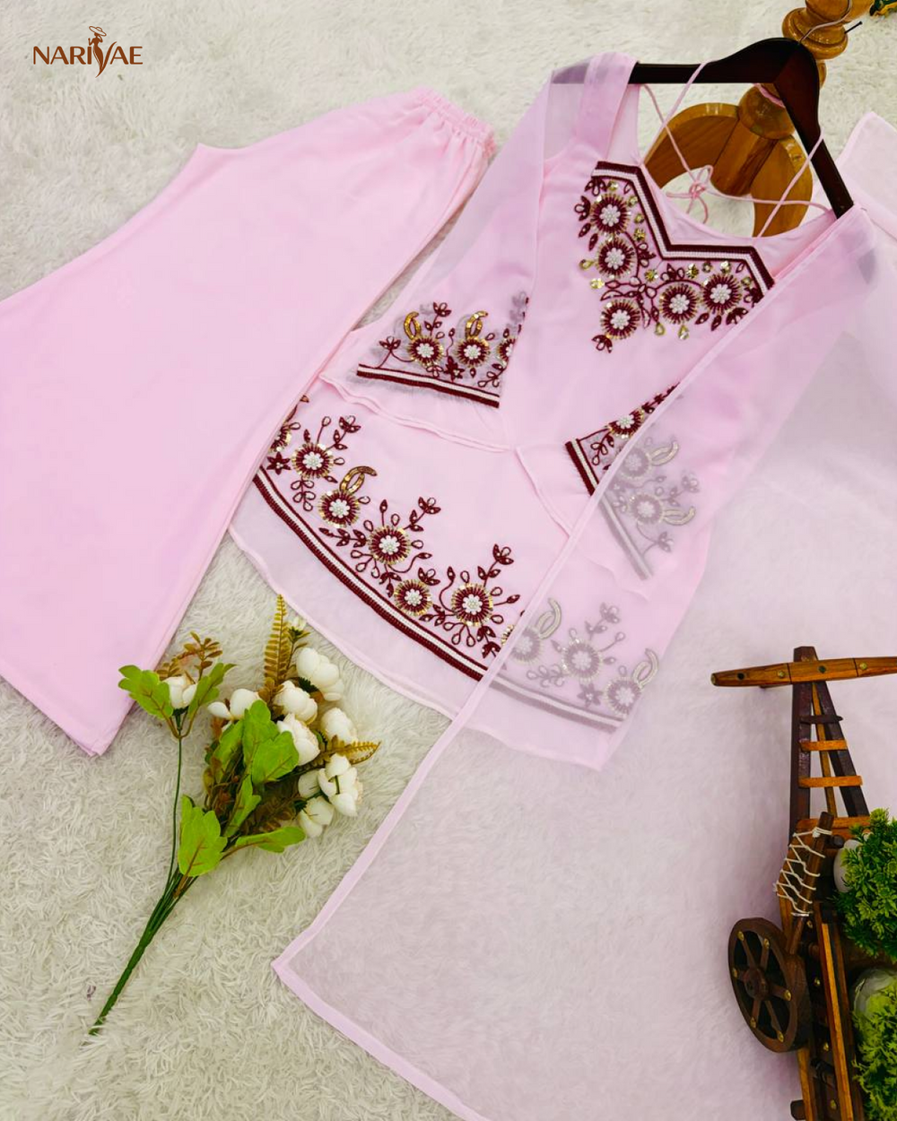 Designer Faux Georgette Palazzo Set | Embroidered Sequence Work Top with Dupatta | Fully Stitched Ready to Wear Ethnic Wear