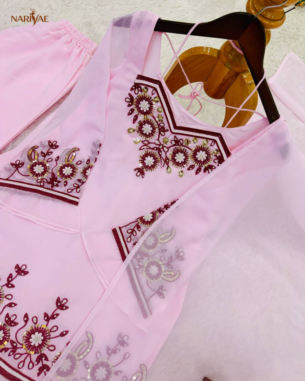 Designer Faux Georgette Palazzo Set | Embroidered Sequence Work Top with Dupatta | Fully Stitched Ready to Wear Ethnic Wear
