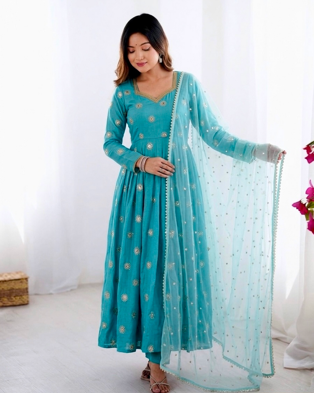 Elegant Embroidered Vichitra Silk Anarkali Gown Set with Dupatta (Ready to Wear)