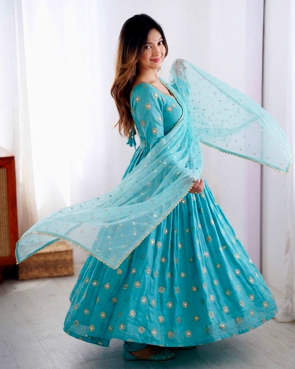 Elegant Embroidered Vichitra Silk Anarkali Gown Set with Dupatta (Ready to Wear)