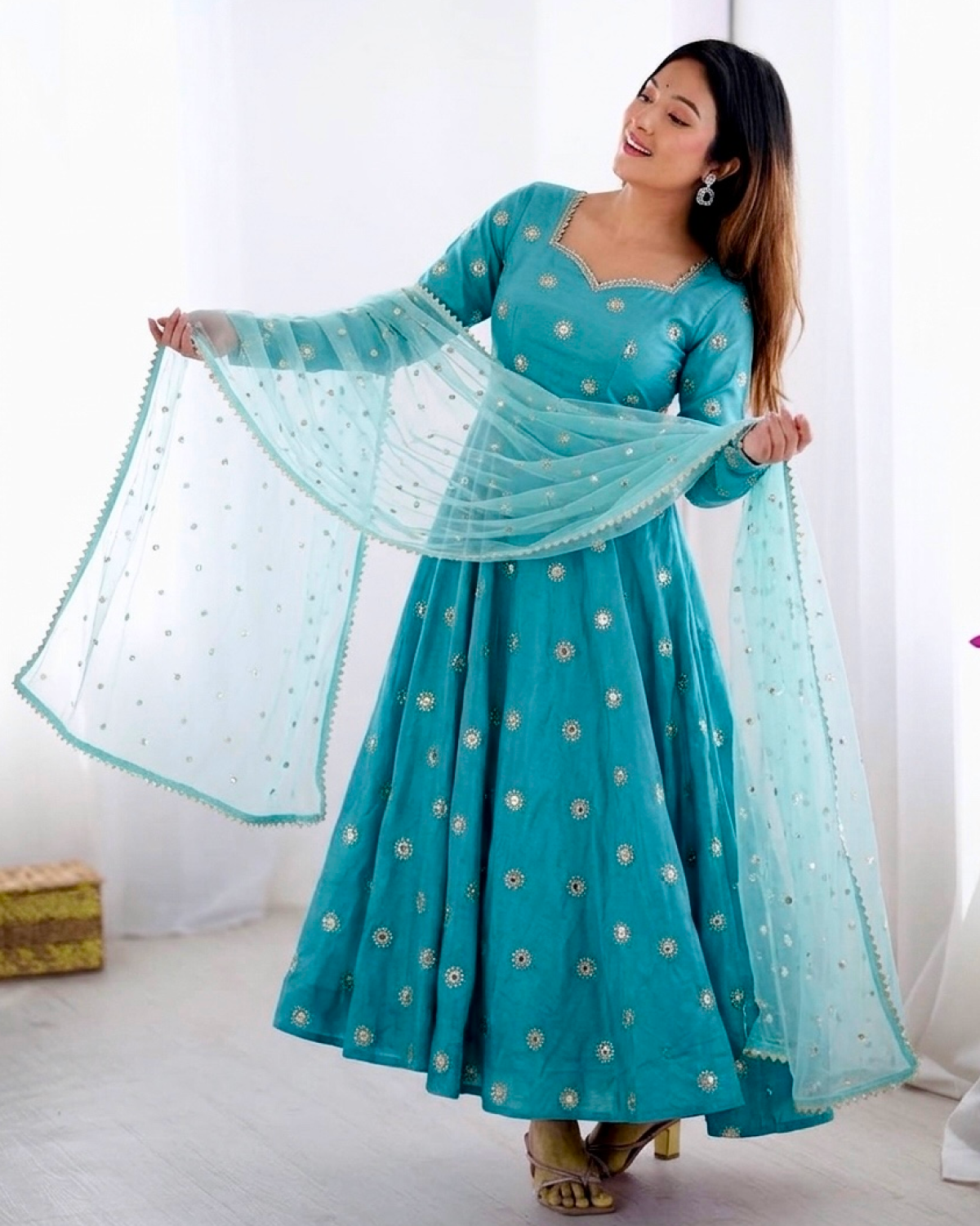 Elegant Embroidered Vichitra Silk Anarkali Gown Set with Dupatta (Ready to Wear)