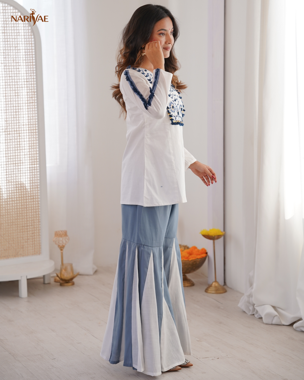 Premium Roman Silk Co-ord Set with Mirror Work Embroidery | Designer Top & Palazzo Set for Women | Festive Ready to Wear