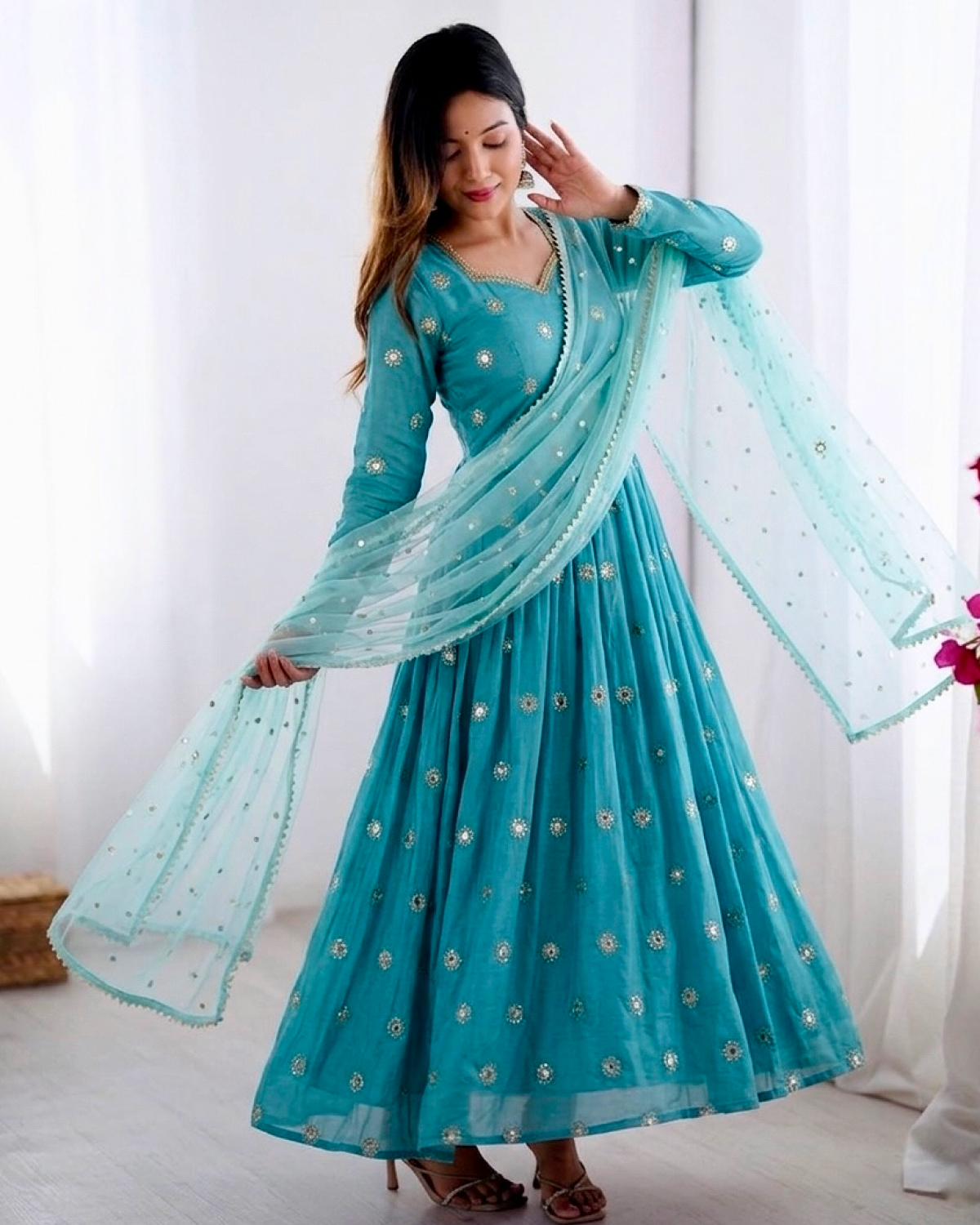 Elegant Embroidered Vichitra Silk Anarkali Gown Set with Dupatta (Ready to Wear)