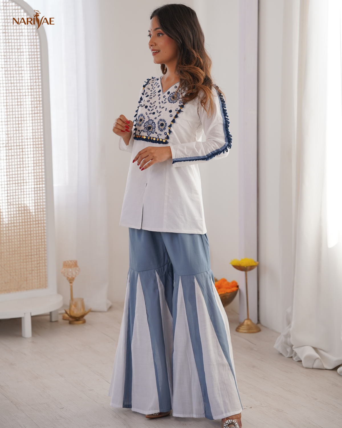 Premium Roman Silk Co-ord Set with Mirror Work Embroidery | Designer Top & Palazzo Set for Women | Festive Ready to Wear