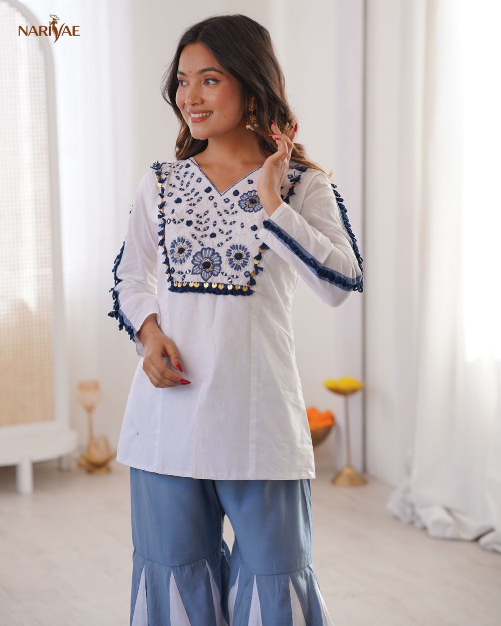 Premium Roman Silk Co-ord Set with Mirror Work Embroidery | Designer Top & Palazzo Set for Women | Festive Ready to Wear