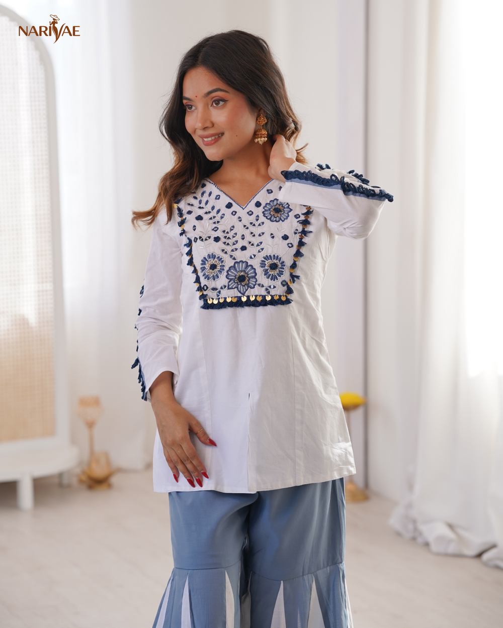 Premium Roman Silk Co-ord Set with Mirror Work Embroidery | Designer Top & Palazzo Set for Women | Festive Ready to Wear
