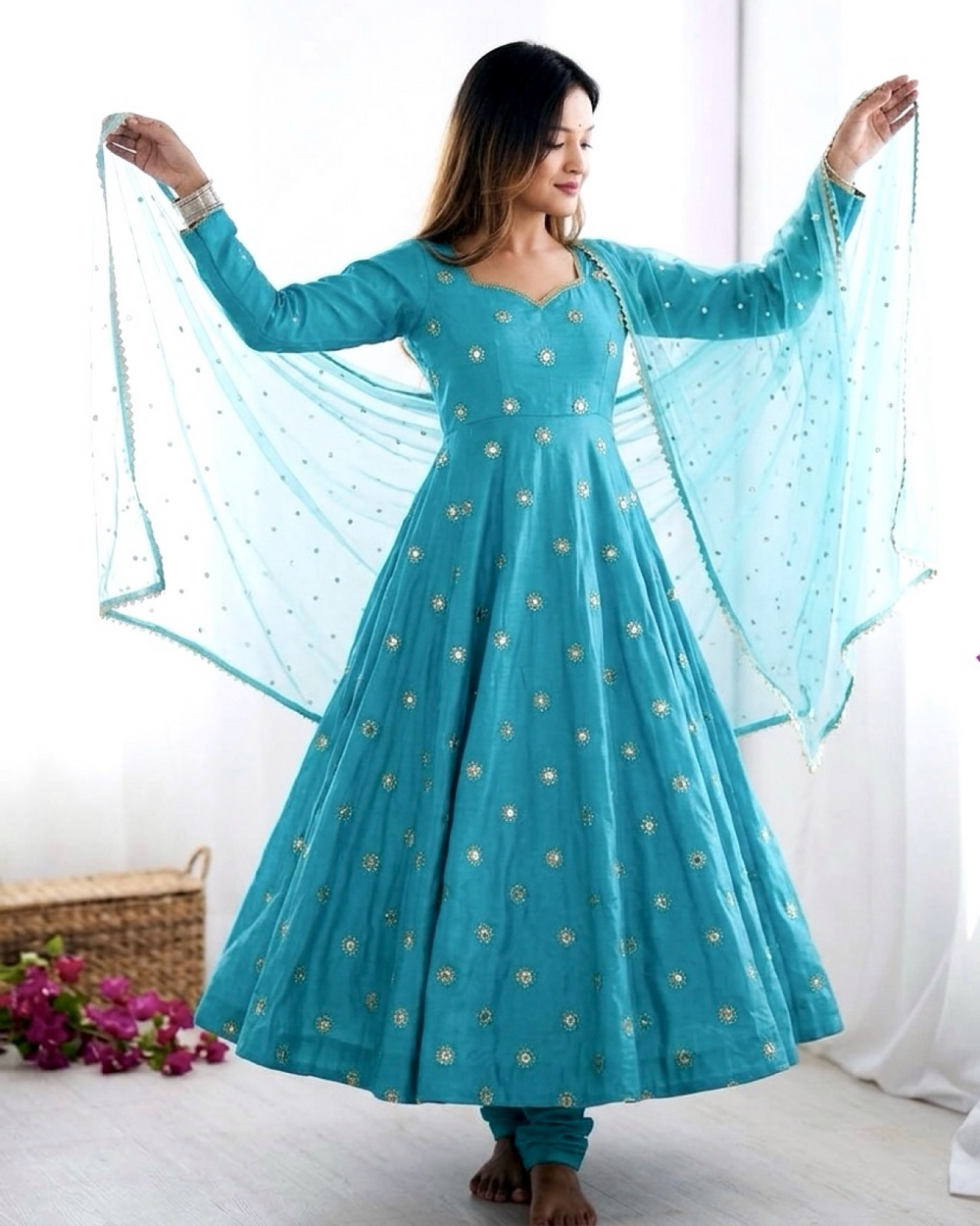 Elegant Embroidered Vichitra Silk Anarkali Gown Set with Dupatta (Ready to Wear)