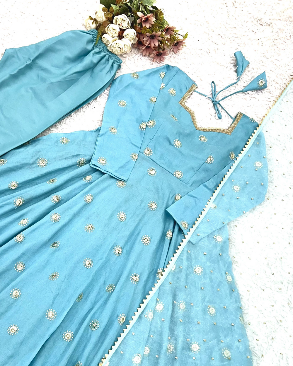 Elegant Embroidered Vichitra Silk Anarkali Gown Set with Dupatta (Ready to Wear)