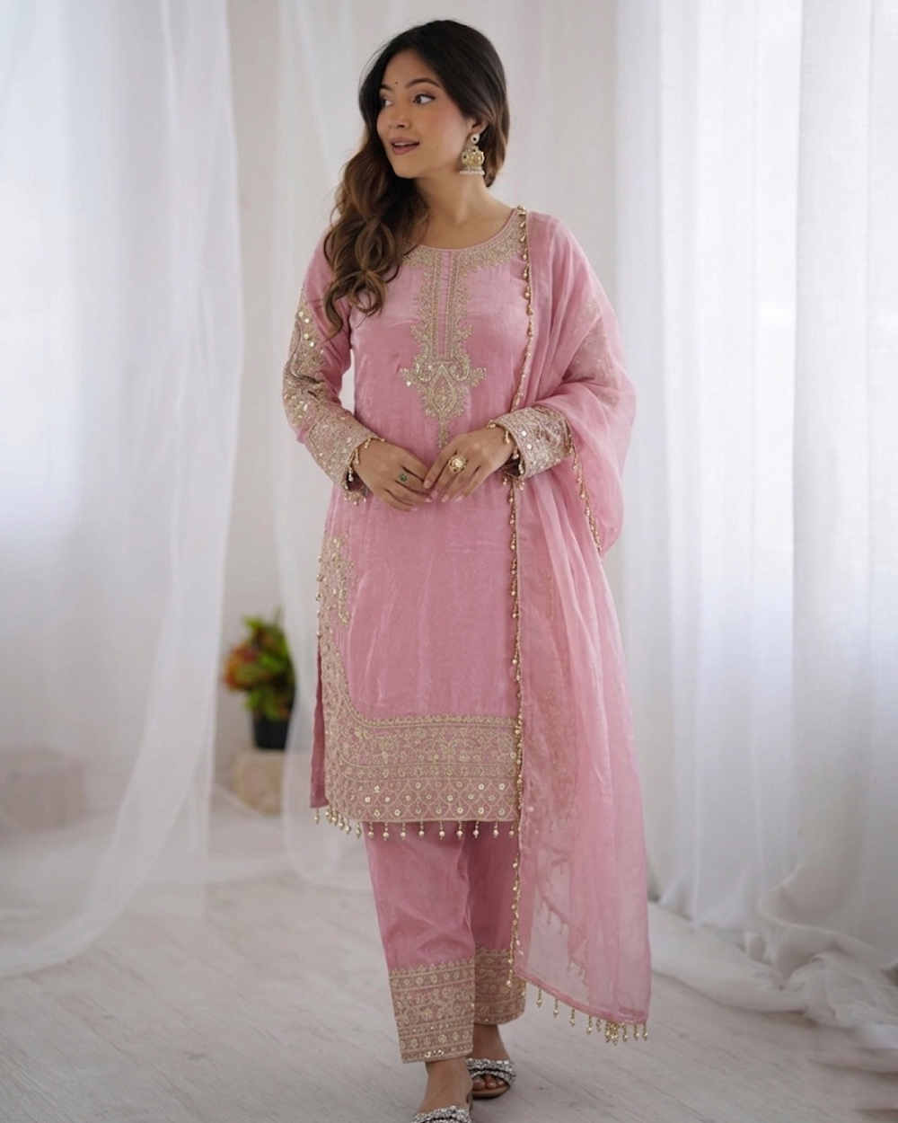 Elegant Roman Glass Silk Suit Set with Embroidered Top, Bottom & Dupatta