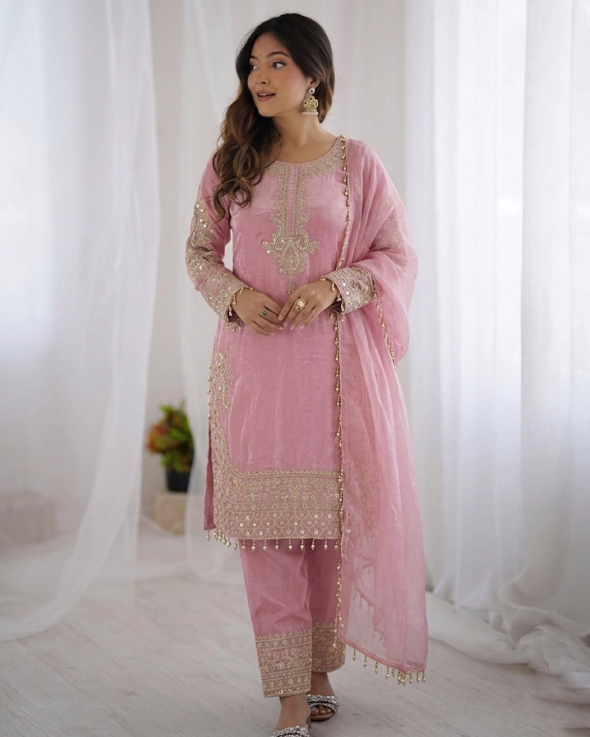 Elegant Roman Glass Silk Suit Set with Embroidered Top, Bottom & Dupatta