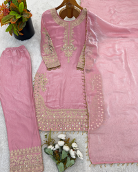 Elegant Roman Glass Silk Suit Set with Embroidered Top, Bottom & Dupatta