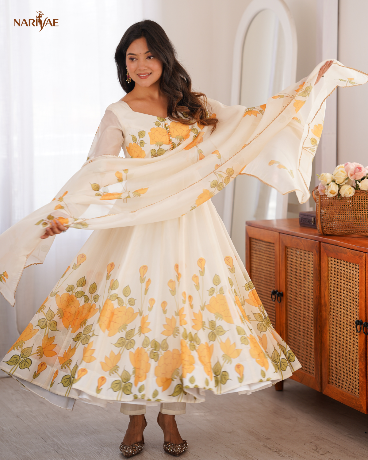 Soft Organza Silk Floral Anarkali Set with Kali Cut Flair | Potli Design Gown with Pant & Dupatta | Ready to Wear Ethnic Outfit