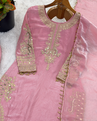 Elegant Roman Glass Silk Suit Set with Embroidered Top, Bottom & Dupatta