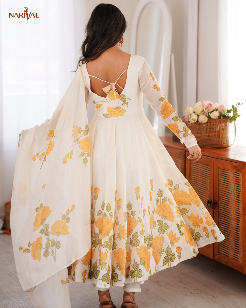Soft Organza Silk Floral Anarkali Set with Kali Cut Flair | Potli Design Gown with Pant & Dupatta | Ready to Wear Ethnic Outfit