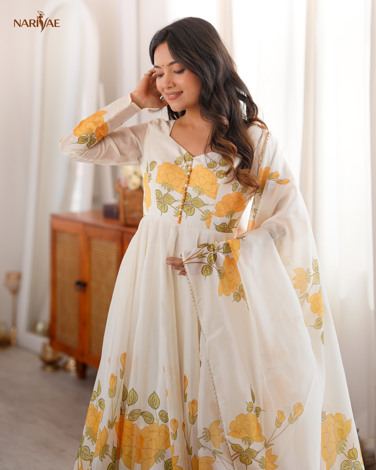 Soft Organza Silk Floral Anarkali Set with Kali Cut Flair | Potli Design Gown with Pant & Dupatta | Ready to Wear Ethnic Outfit