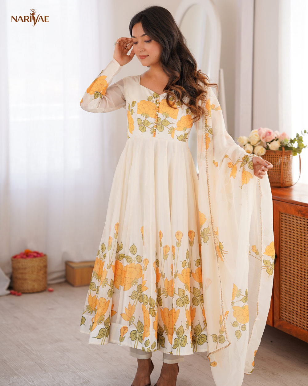Soft Organza Silk Floral Anarkali Set with Kali Cut Flair | Potli Design Gown with Pant & Dupatta | Ready to Wear Ethnic Outfit
